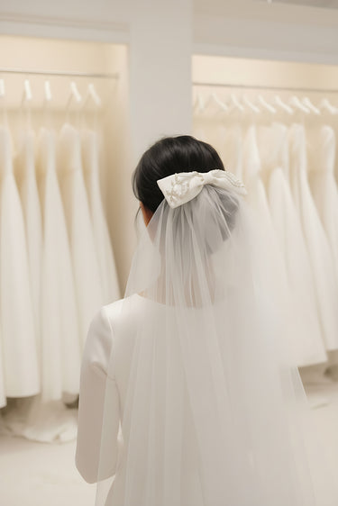 Elegant Bridal Hair Bow with Detachable Veil Handmade Embroidery - Style #HV-017