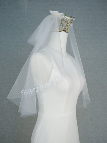 Wedding veil with double bow, Embroidered Tulle Bridal Veil