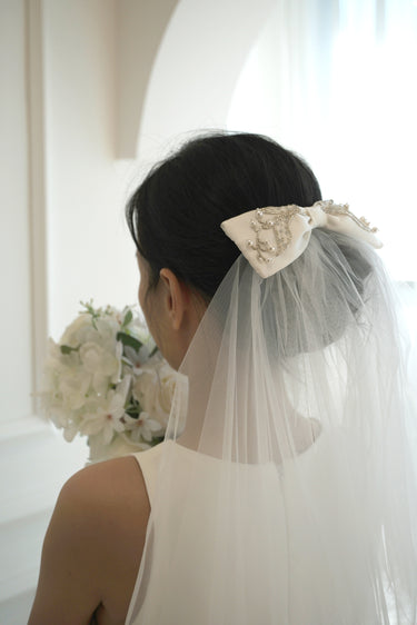 Elegant Bridal Hair Bow with Detachable Veil Handmade Embroidery - Style #HV-017