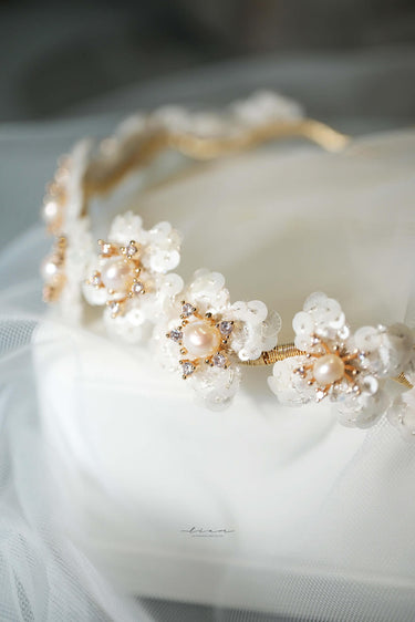Handcrafted Pearl Crystal Flowers Headband - Style #HB-001