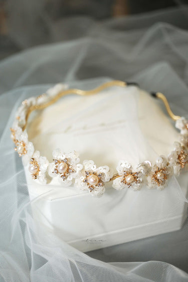 Handcrafted Pearl Crystal Flowers Headband - Style #HB-001